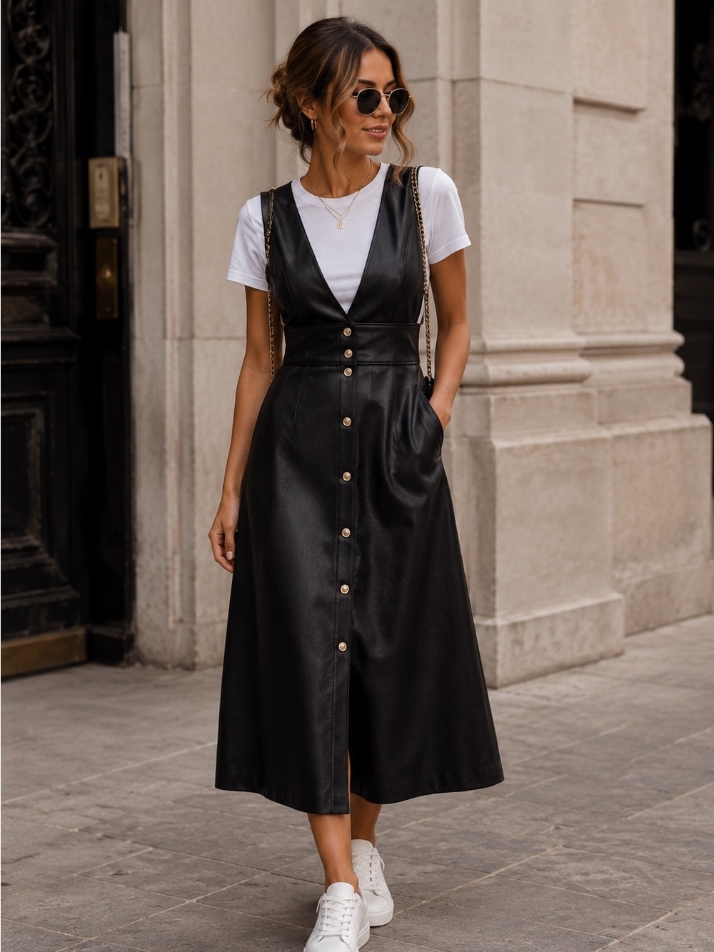 Zara Black Faux Leather Button-Front Midi Dress skirt